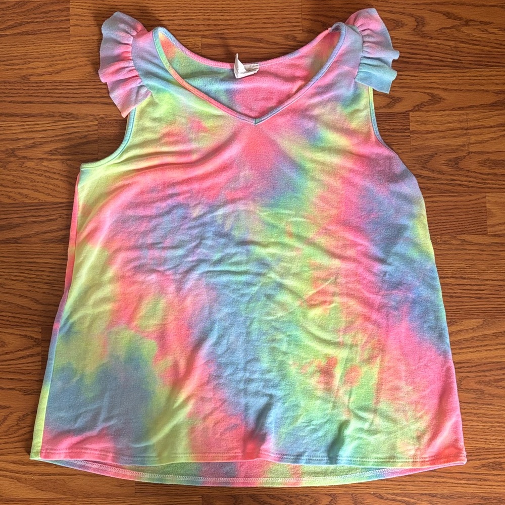 BiBi rainbow tie-dye tank top with ruffle sleeves